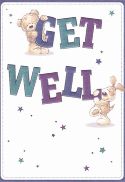 A delightful wave of care pours forth from this illustrated get well card, where a snuggly teddy bear and an exuberant puppy team up to offer heartfelt cheer-much like friends meeting along Coulsdon's leafy streets. The bear perches with effortless charm atop the bright, three-dimensional 'GET' while the puppy presses against the sturdy 'WELL', their faces alive with empathy and optimism. Each detail, from the rounded plush forms to the expressive eyes, is rendered with the nurturing attention familiar to anyone who has received flowers from a Coulsdon florist. Deep purples and tranquil teals colour the bold lettering, setting a joyful rhythm against the crisp white background akin to the fresh canvas of Farthing Downs in the early morning. Sprinkled stars, aglow in blue and lavender, waltz through the scene, weaving in an aura of gentle hope. This card is more than a message-it is a caring gesture, akin to a hand-delivered bouquet meant to lift spirits and bring a sense of healing to someone well-loved in Coulsdon.