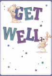 Cheerfulness and hope radiate from this illustrated get well card, as if infused with the warmth of Coulsdon's local touch. Two whimsical characters-a cuddly bear perched atop the vibrant 'GET' and a floppy-eared puppy nestled by the spirited 'WELL'-interact with gentle playfulness, their presence evoking a friend's comforting visit along Marlpit Lane. The hues of indigo and teal in the lettering pop against a creamy white field, while scattered stars in purple and blue add a dreamy, magical sparkle. The carefully detailed fur of the bear and puppy seems almost tangible, inviting comforting thoughts much like the feel of a lush bouquet. This card goes beyond its visual charm; it delivers a little moment of Coulsdon care, ideal for brightening a loved one's recovery with warmth and sincerity.